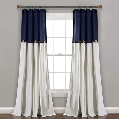 Lush Decor Linen Button Window Curtain Panel, Single, 40" W x 108" L, Navy & White - Country Curtains - Rustic Decor - Color Block - Modern Farmhouse Curtains