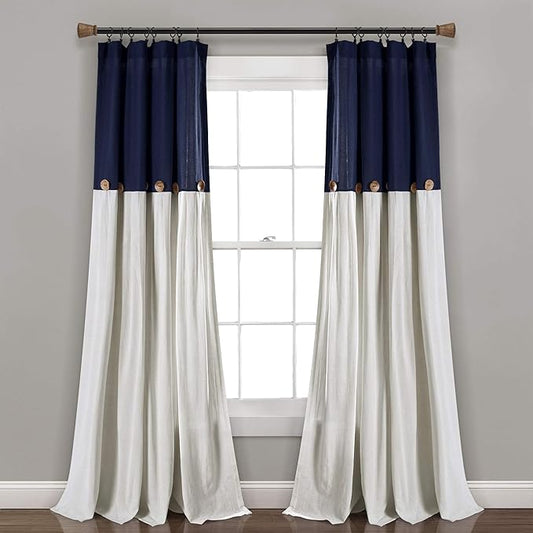 Lush Decor Linen Button Window Curtain Panel, Single, 40" W x 108" L, Navy & White - Country Curtains - Rustic Decor - Color Block - Modern Farmhouse Curtains