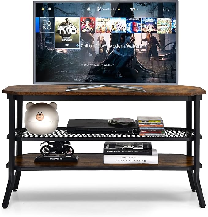 GOFLAME Industrial TV Stand for TVs up to 46", 3-Tier Wood TV Cabinet with Steel Frame, Rustic Entryway Console Table, Media Entertainment Center for Living Room, Bedroom, Rustic Brown & Black