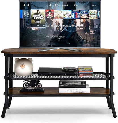 GOFLAME Industrial TV Stand for TVs up to 46", 3-Tier Wood TV Cabinet with Steel Frame, Rustic Entryway Console Table, Media Entertainment Center for Living Room, Bedroom, Rustic Brown & Black