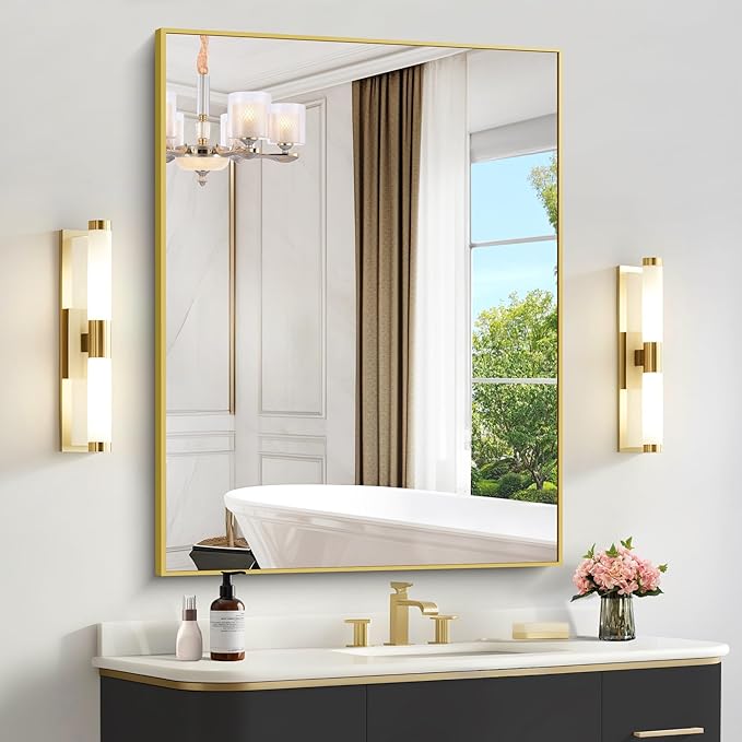 COFENY 36x48inch Bathroom Mirror, Gold Rectangle Mirror with Thin Metal Frame, Large Rectangular Wall Mirrors for Bathroom, Living Room, Hair Salon, Big Farmhouse Mirror Hang Horizontal/Vertical