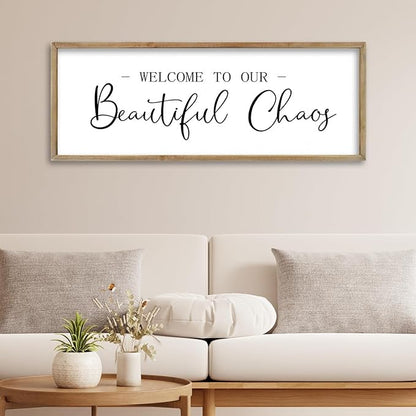 FZMHASLWW Welcome To Our Beautiful Chaos Sign Wall Decor 32"×12" Family Wooden Plaque for Living Room Entryway Hanging Wall Art (Wood)