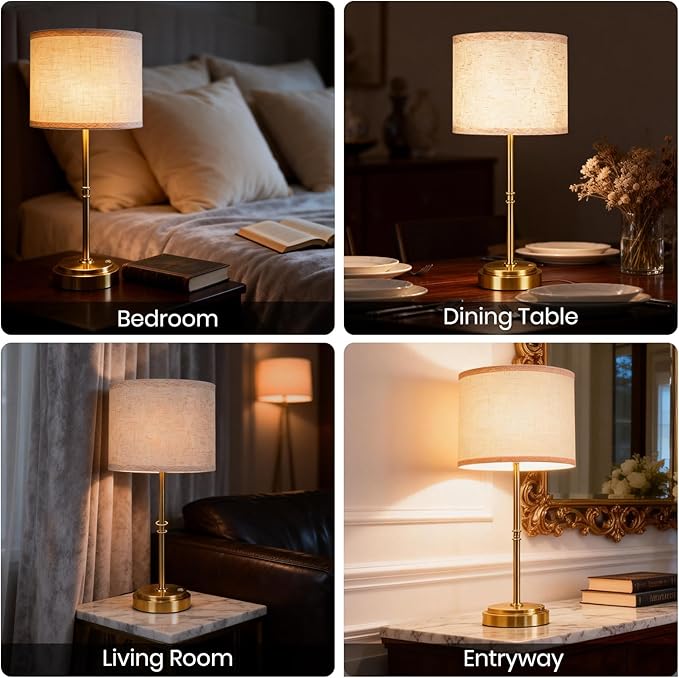 AWOKE 17.7" Large Cordless Table Lamps Set of 2,7500mAh Rechargeable Battery Operated Nightstand Light, Stepless Dimmable 3000K Fabric Shade Desk Lamp for Bedroom & Living Room (Brass)