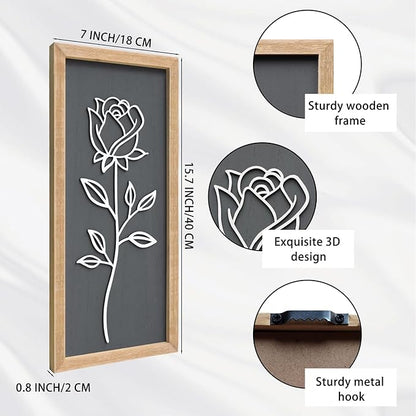 3D Wooden Floral Framed Wall Decor of 4, 7"X16" Farmhouse Vintage Boho Minimalist Flower Wall Art for Living Room, Rustic Retro Moody Vertical Tulip Rose Daisy Daffodil Botanical Wall Sculptures