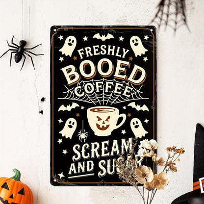 Freshly Booed Coffee Halloween Metal Tin Sign Vintage Halloween Decor Wall Hanging for Kitchen Living Room Farmhouse Halloween Party 8x12 Inch
