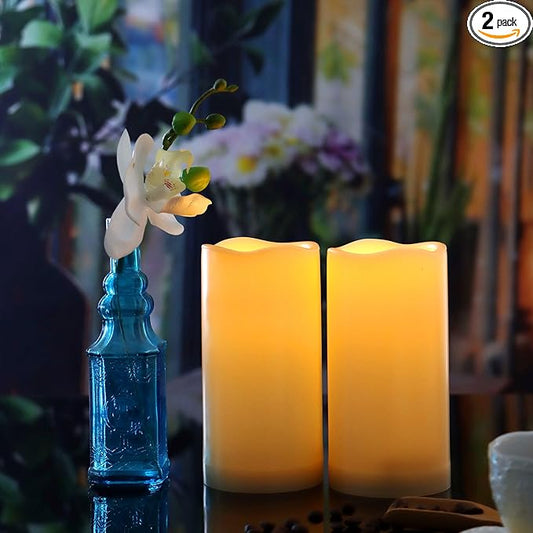 CANDLE CHOICE Waterproof Outdoor Battery Operated Flameless Candles with Remote Timer Plastic Flickering Fake Electric LED Pillars for Lantern Garden Wedding Christmas Decorations 3x5 Inches 2 PCS