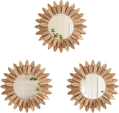 LOSOUR Boho Wall Decor Sunburst Mirror 3 Pack Rustic Round Wood Mirror 12 inch Boho Mirror Home Decor Farmhouse Room Decorations for Bedroom Living Room Entryway