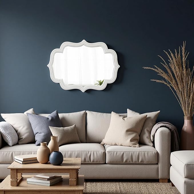 Vintage Oval Wall Mirror 22 X 30 Inch, Hanging Distressed White Scalloped Rustic Wood Wall Mirrors for Bathroom Bedroom Living Room, Farmhouse Entryway Mirror, Horizontal or Vertical