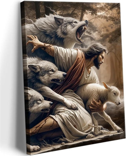 Jesus and Lamb Canvas Wall Art Jesus Saves the Lost Lamb Picture Wall Decor God Protect a Sheep from Wolves Painting Print Christian Poster Artwork for Living Room Bedroom Church (12x16in Canvas)