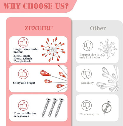 ZEXUIRU 4 Pcs Red Starburst Wall Decor Metal Bling Wall Art Crystal Accents 3D Modern Decoration Glam Hanging Sculptures for Living Room Bedroom Office Teen Girl Room – Easy to Hang Home Decor Set