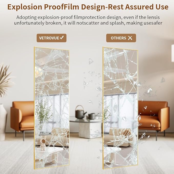 Door Mirror, Over The Door Full Length Mirror, 48"x14" Hanging Mirrors for Bedroom, Living Room, Entryway, Dorm, Gold