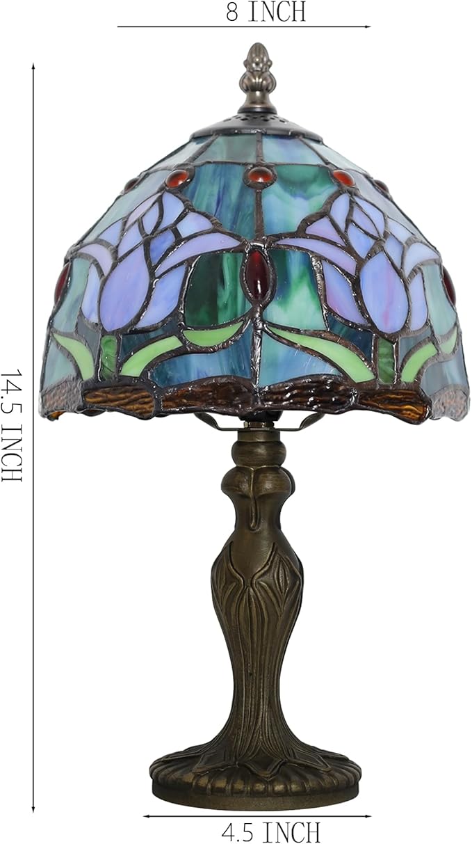 Tiffany Style Lamp Stained Glass Table Lamp 8" x 14.5" Mini Accent Light Pink Tulip Design Small Decorative Bedside Bedroom Living Room Memory Lamp