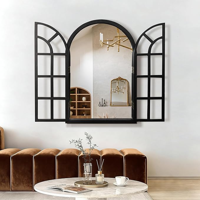 TRAHOME Arched Windowpane Mirror, 26"x38" Black Wood Frame Rustic Farmhouse Wall Mirror, Vintage Decorative Window Mirror for Living Room, Entryway, Bathroom