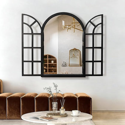 TRAHOME Arched Windowpane Mirror, 26"x38" Black Wood Frame Rustic Farmhouse Wall Mirror, Vintage Decorative Window Mirror for Living Room, Entryway, Bathroom