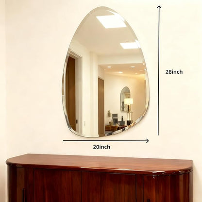 Frameless Asymmetrical Teardrop Shaped Wall Mirror, 20x28 Inch Beveled Edge Decorative Vanity Mirror for Bathroom, Bedroom, Entryway