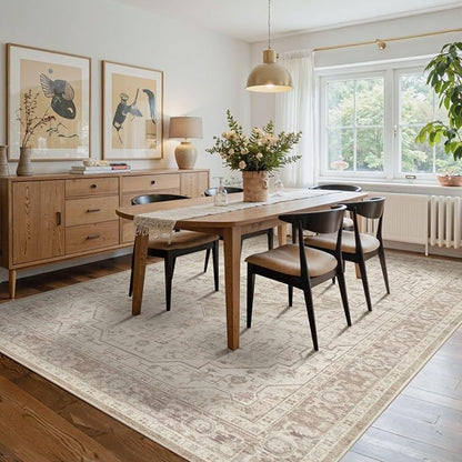 Rugxara 6x9 Washable Area Rug for Living Room, Vintage Neutral Large Boho Rugs for Office, Dining Room, Kids Room, Farmhouse, Durable Low Pile Non Slip Carpet for High Traffic Areas, Cream