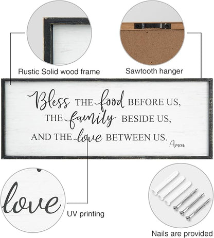 Bless The Food Before Us Home Decor Wall Sign For Family Kitchen Farmhouse Dining Room Vintage Rustic Retro Boho Wood House Wall Art Decoration For Living Room Bedroom 40 x 15 Inch black