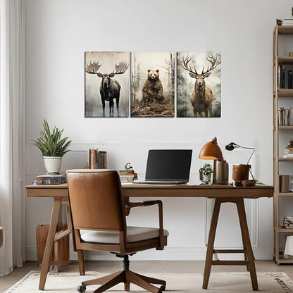 Woodland Animal Canvas Wall Art 3 Piece - Moose Elk Bear in Forest Picture Vintage Painting Rustic Farmhouse Wildlife Prints Home Wall Decor Framed(Art-2,12.00"x16.00"x3P)