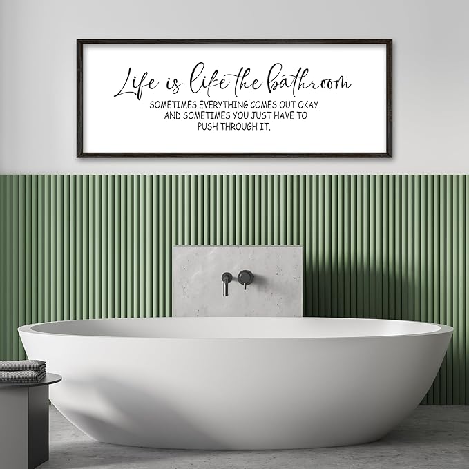 Life Is Like The Bathroom Sign Funny Motivational Quote Wall Decor 40"×15" Large Wood Framed for Bathroom Restroom Wall Hanging Art (Black)