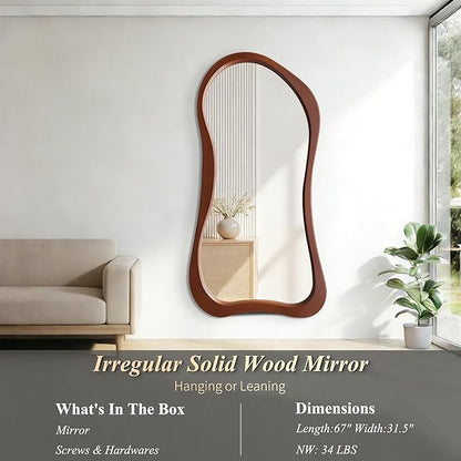 Large Irregular Mirror, 67"x31.5" Asymmetrical Full Length Mirrors with Solid Wood Frame, Premium Aesthetic Floor Mirror for Living Room Entryway Hallway Bedroom Cloakroom, Leaning/Hanging
