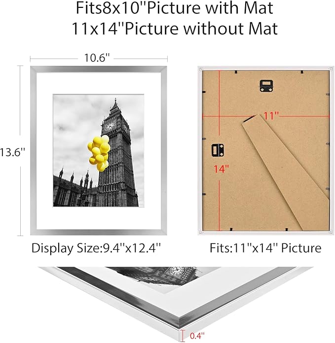 11x14 Picture Frame Set of 6 with Plexiglass, Display Pictures 8x10 with Mat or 11x14 Without Mat for Tabletop Display and Wall Mounting, Silver