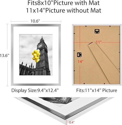 11x14 Picture Frame Set of 6 with Plexiglass, Display Pictures 8x10 with Mat or 11x14 Without Mat for Tabletop Display and Wall Mounting, Silver