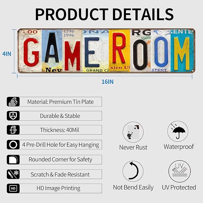 Game Room Sign Vintage Decor Basement Wall Signs Gameroom Decorations Ideas Games Retro Gamer Wall Art Gaming Retro Gift Accessories 4 x 16in