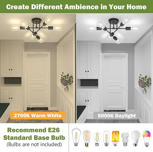 Asnxcju Modern Semi Flush Mount Ceiling Light, 6-Lights Black Sputnik Chandelier for Bedroom Lighting, Industrial Kitchen Light Fixture Ceiling Mount for Dining Room Hallway Living Room, UL Listed