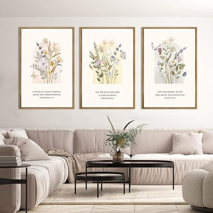 IARTTOP Extra Large Christian Easter Wall Art Framed 24x36 Inch Floral Bible Verse Scripture Art Prints Minimalist Botanical Wildflower Religious Canvas Wall Decor for Living room Bedroom Set of 3