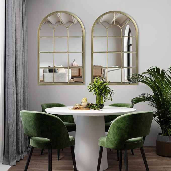 HQiJun Wall Mirror Window Decorative Mirrors Arched Farmhouse for Living Room Bedroom Entryway Bathroom Vanity(Gold,31.5” x 20” x 1”)