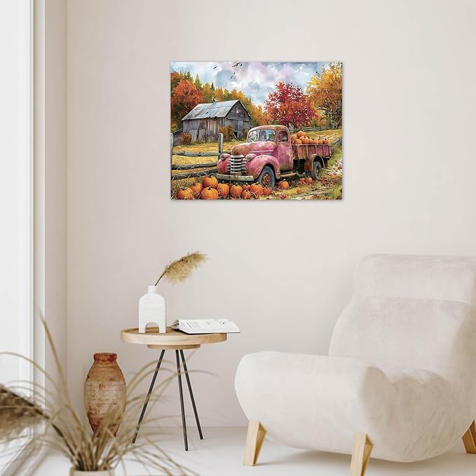 LB Fall Pumpkin Truck Wall Art Vintage Red Truck with Autumn Pumpkins in Farm Canvas Wall Art Farmhouse Harvest Wall Art Decor for Living Room Bedroom Bathroom Office Framed Ready to Hang 8L x 10W