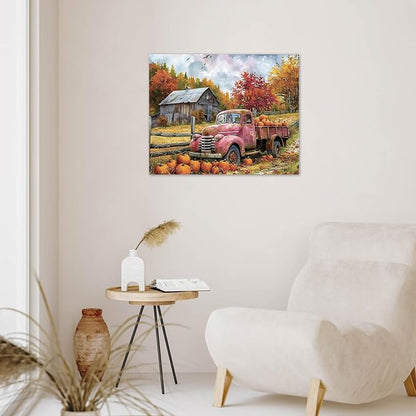 LB Fall Pumpkin Truck Wall Art Vintage Red Truck with Autumn Pumpkins in Farm Canvas Wall Art Farmhouse Harvest Wall Art Decor for Living Room Bedroom Bathroom Office Framed Ready to Hang 8L x 10W