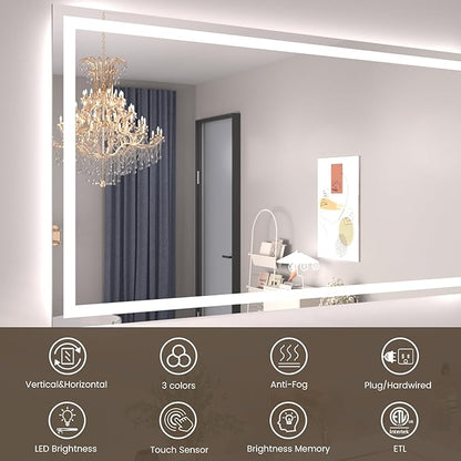 Snowdool 55"X36" LED Bathroom Mirror with Front Lights and Backlit, Anti-Fog, Dimmable, Shatter-Proof Tempered Glass, Lighted Bathroom Vanity Mirror for Wall with 3 Colors, Memory Function