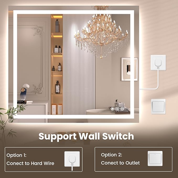 Snowdool 40"X36" LED Bathroom Mirror with Front Lights and Backlit, Anti-Fog, Dimmable, Shatter-Proof Tempered Glass, Lighted Bathroom Vanity Mirror for Wall with 3 Colors, Memory Function