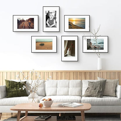 Golden State Art 11x17 Picture Frame 6 Pack - Classic Black Aluminum Photo Frames With 8x12 Mats and Real Glass Cover - Elegant Minimalist Wall Gallery Frames for Home or Office Decor