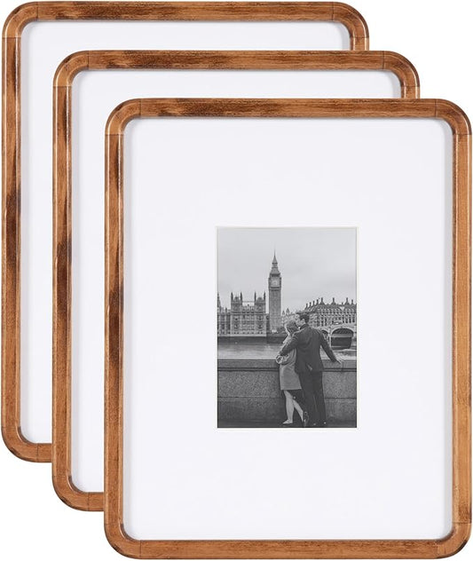 Kate and Laurel Inglewood Modern Wall Picture Frame Set of 3; 11x14 matted to 5x7; Walnut Brown; Three-Piece Frame Set for Gallery Wall Accent Set in Living Room Decor