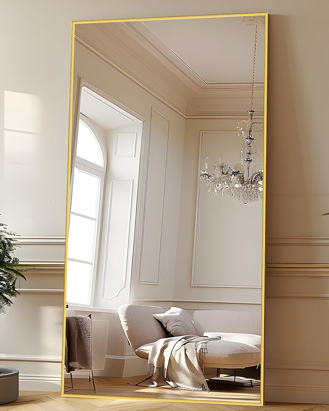 Antok Full Length Mirror, 78"x38" Oversized Floor Mirror Freestanding, Full Body Floor Standing Mirror with Stand, Hanging Mounted for Living Room Cloakroom,Gold,Rect Style