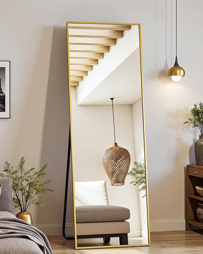 Suidia Full Length Mirror, 56"x14" Floor Standing Mirror Freestanding, Full Body Mirrors with Stand for Bedroom, Hanging Mounted for Living Room Cloakroom, Gold, Rectangular Style