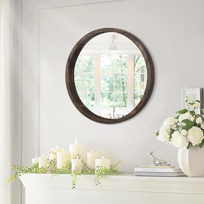 JJUUYOU Circle Wall Mirror 16 Inch Round Wall Mirror for Bathroom, Farmhouse Brown Circular Mirror Washroom Wall Decor Wood Frame Mirror for Living Room, Bedroom, Dorm Decorative