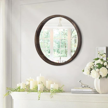 JJUUYOU Circle Wall Mirror 16 Inch Round Wall Mirror for Bathroom, Farmhouse Brown Circular Mirror Washroom Wall Decor Wood Frame Mirror for Living Room, Bedroom, Dorm Decorative