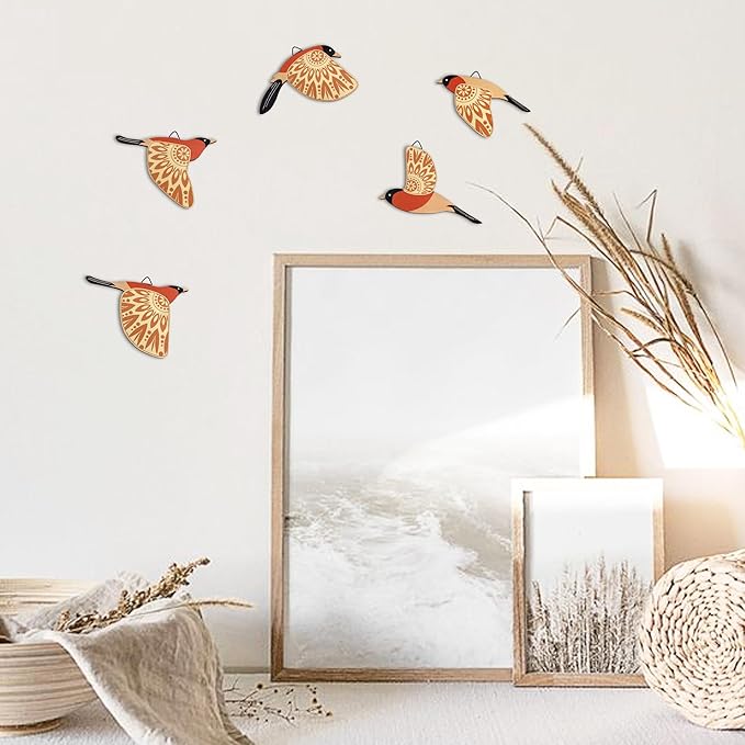 Vumyhuby 5 Pcs Orange Wooden Bird Wall Art | Rustic Folk Art Wall Decor for Indoor Use | Handcrafted Wood Flying Birds Wall Hangings for Living Room, Bedroom, Kitchen, Office | Scandinavian Home Decor Gift