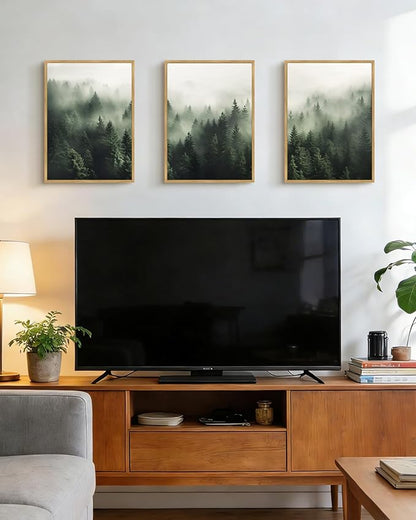 PHOPAGO Green Fog Pine Tree Framed Wall Art Nature Misty Nordic Forests Artwork Morden Paints for Kitchen Hallway Decor - 11x14in Natural Framed