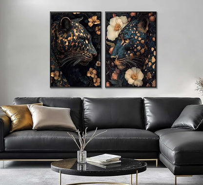 Framed Dark Cheetah Canvas Wall Art Moody Blue and Gold Leopard Wildlife Animal Flower Pictures Painting Wall Decor Poster Print Artwork for Living Room Bedroom Decoration