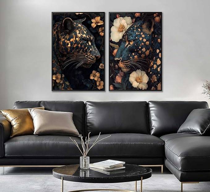Framed Dark Cheetah Canvas Wall Art Moody Blue and Gold Leopard Wildlife Animal Flower Pictures Painting Wall Decor Poster Print Artwork for Living Room Bedroom Decoration