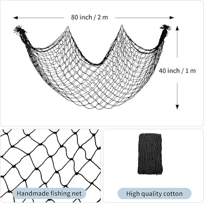 Decorative Fishing Net 80x40 Inch, Patioland 2 Pack Large Black Picture Fish Net, Wall Photo Hanging Fishnet for Nautical Mermaid Pirate Ocean Themed Hawaii Beach Under The Sea Party Decorations