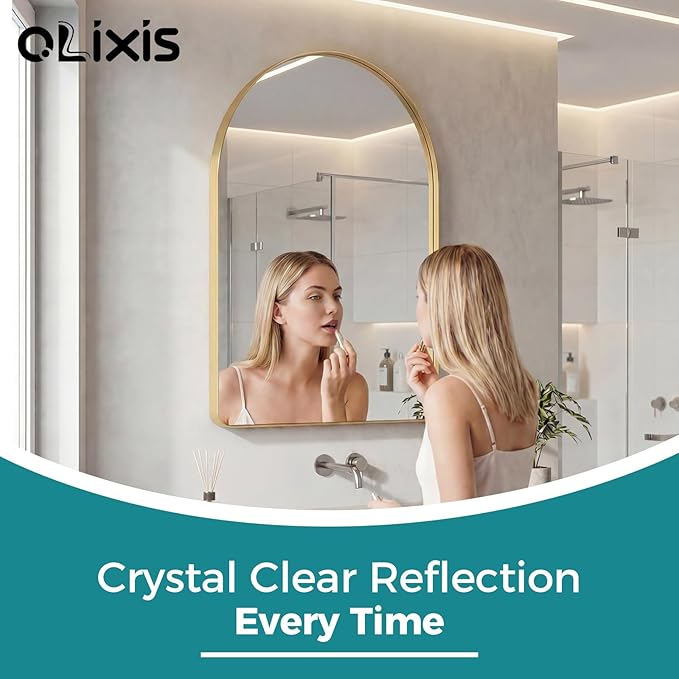 OLIXIS Arched Bathroom Mirror for Over Sink, 30x20 Inch Wall Mirror Arched Rounded Rectangle, Modern Wall Mount Vanity Mirror with Matte Metal Deep Framed, for Home Decor, Living Room, Gold