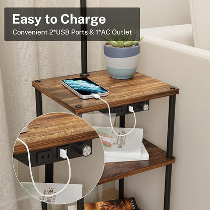 Floor Lamp with Table and Shelves, Side Table with USB Charging Port and Outlet, Modern Bedside Nightstand End Table with Lamp for Living Room, Bedroom, Guest Room, Bulb Included