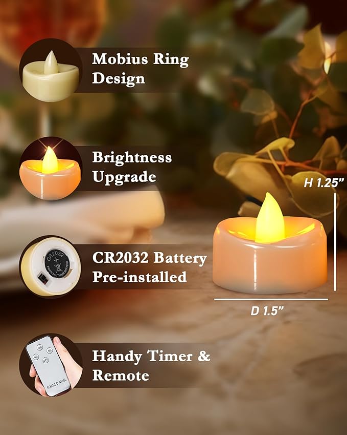 merrynights LED Candles with Remote and Timer, 12PCS Flameless Tea Lights Candles Battery Operated, Remote Control Tea Lights with 6/8 H Timer for Halloween Christmas Holiday Warm Yellow