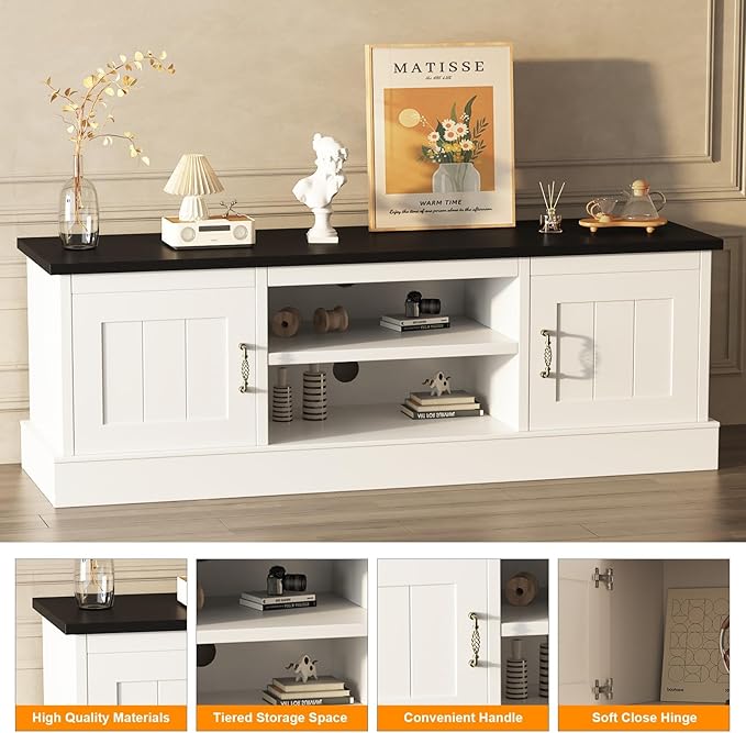 GAOMON 61" Farmhouse TV Stand for TVs Up to 65 Inch, Wooden Entertainment Center with 2 Storage Cabinets, Open Shelves & Cable Management, Rustic Media Console Table, White & Black