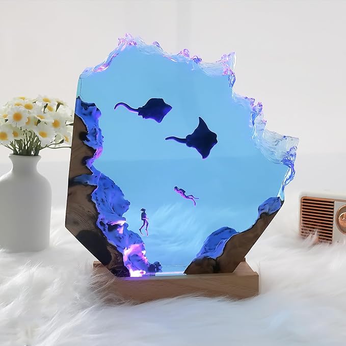 Epoxy Resin Lamp, Ocean Night Light,Artistry Home Decor Bedside Nightlight, Unique Resin Lighting, Nightstand Decorations for Bedroom, Suitable for Holidays(Delifish & Divers)